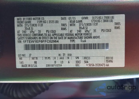 2015 Ford F-150 Platinum from USA, damaged, VIN 1FTEW1EF6FFC02984